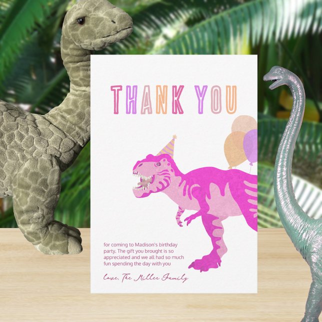 Carte De Remerciements T-Rex Rose mignonne Enfants T Rex Amusants Dinosau (A matching pink dinosaur Thank You card is a lovely thought after your child's birthday party)
