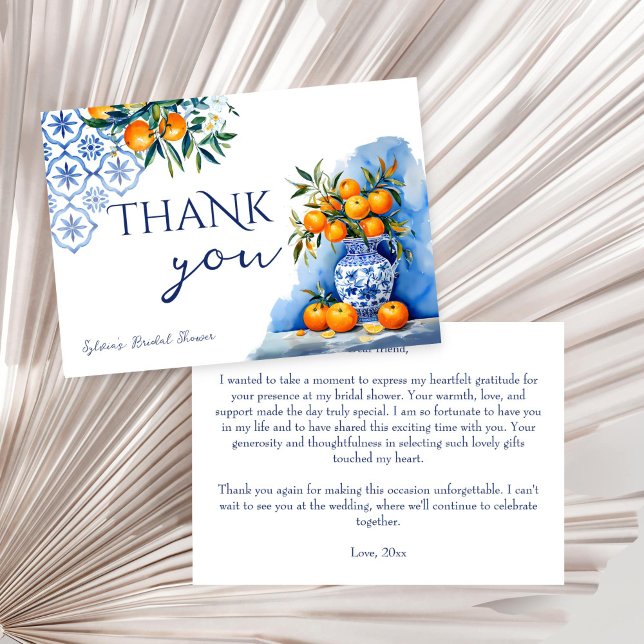 Carte De Remerciements Talavera bleu chinoiserie cirrus enterrement de vi (Talavera blue chinoiserie oranges citrus vintage Mexican Spanish bridal shower thank you card)