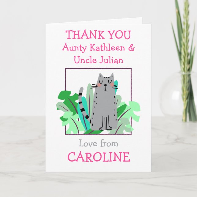 Carte De Remerciements Tante Oncle Noms Mignonne Cat Leaf Enfants Blanc (Devant)