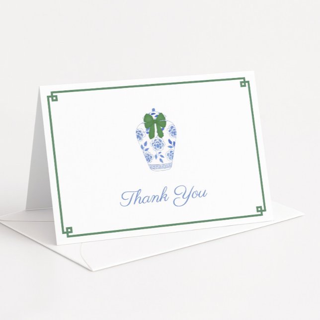 Carte De Remerciements Tartan de Noël élégant à ruban vert pour la douche (Elegant Christmas thank you card design or personal stationery featuring ginger jar with green bow)