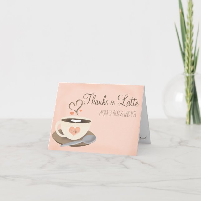 Carte De Remerciements Tasse à café avec monogramme et cœur rose pour rem (Devant)