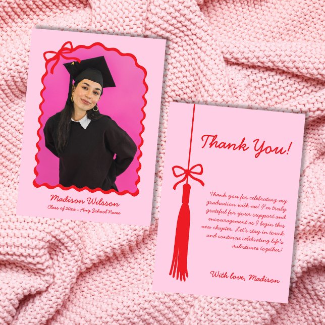 Carte De Remerciements Tassel & Bow Pink & Red Grad Photo 2025 Graduation (Tassel & Bow Pink & Red Grad Photo 2025 Graduation Thank You Card)