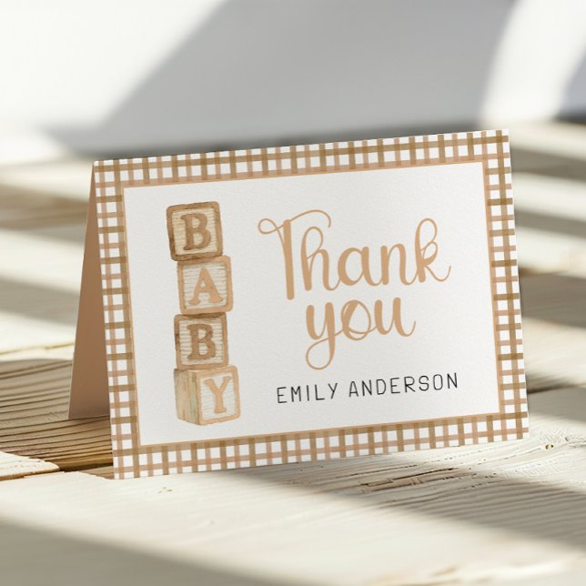 Carte De Remerciements Taupe Gingham Baby Thank You Card | Blocks (Thank You Card)
