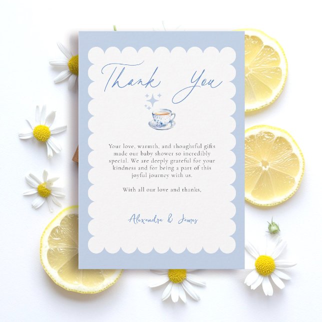 Carte De Remerciements Tea Brewing Script Blue Theme Script Baby Shower (boy baby shower thank you card tea brewing theme blue watercolor elegant modern stylish classy)