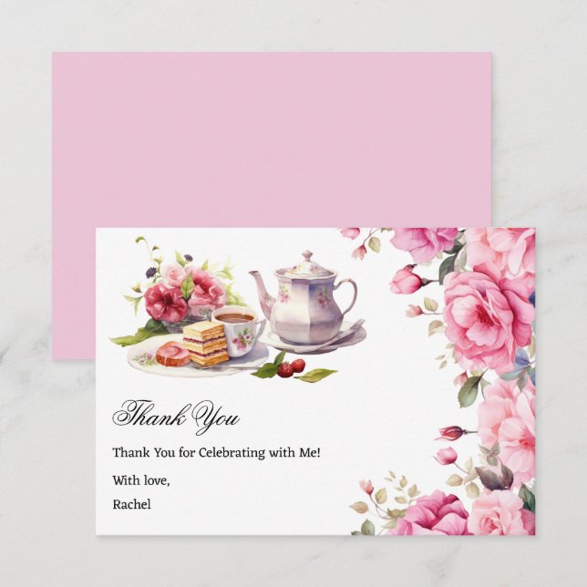 Carte De Remerciements Tea Party Fête des mariées rose Floral (Devant / Derrière)