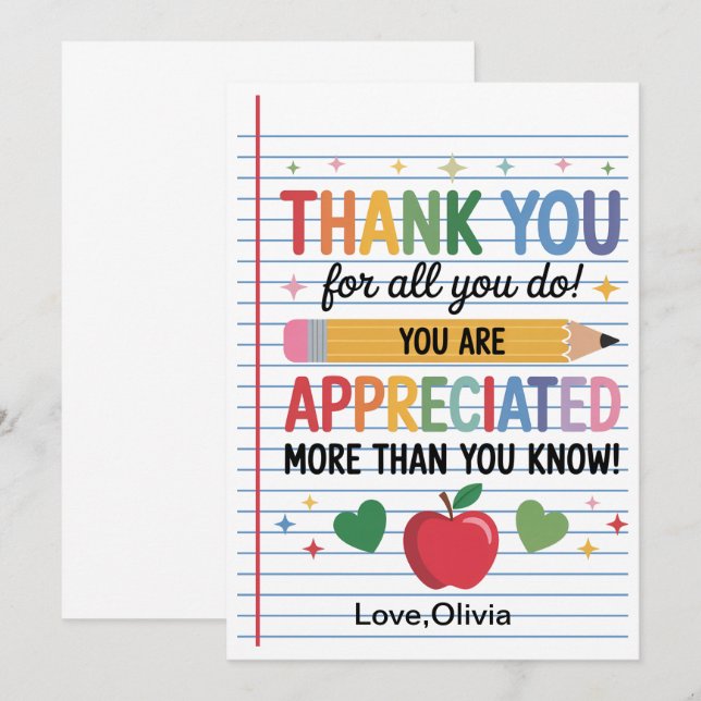 Carte De Remerciements Teacher Appreciation Week  – Heartfelt Gratitude (Devant / Derrière)