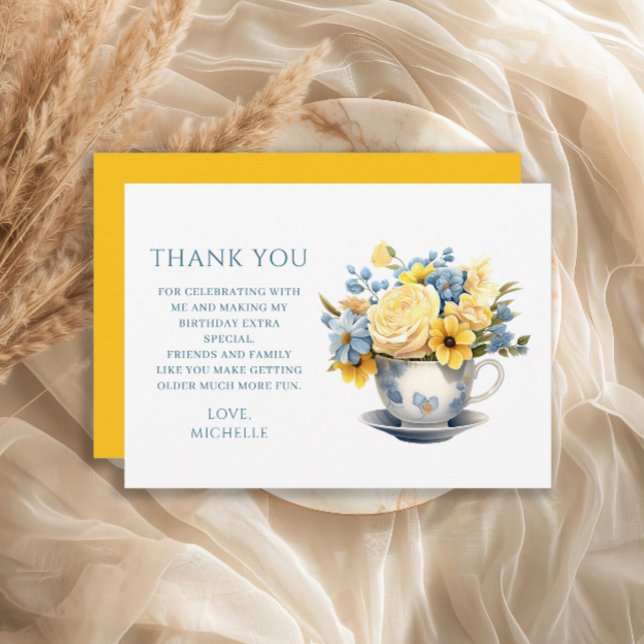 Carte De Remerciements Teacup Fleurs Bleues Jaunes Anniversaire (Blue teacup and yellow flowers birthday party Thank You card)