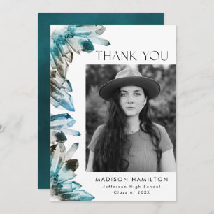 Carte De Remerciements Teal and Blue Watercolor Crystals Photo Graduation