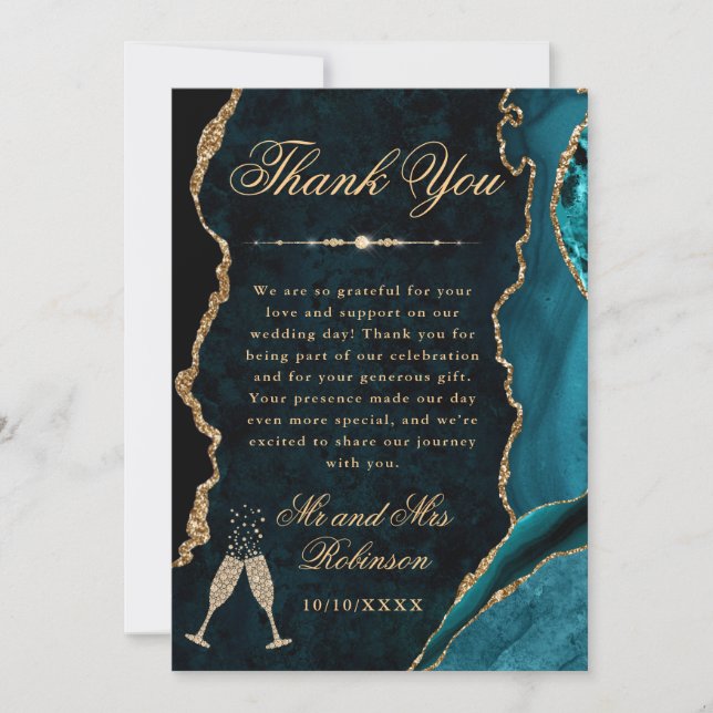 Carte De Remerciements Teal and Gold Glitter Agate & Marble Wedding (Devant)