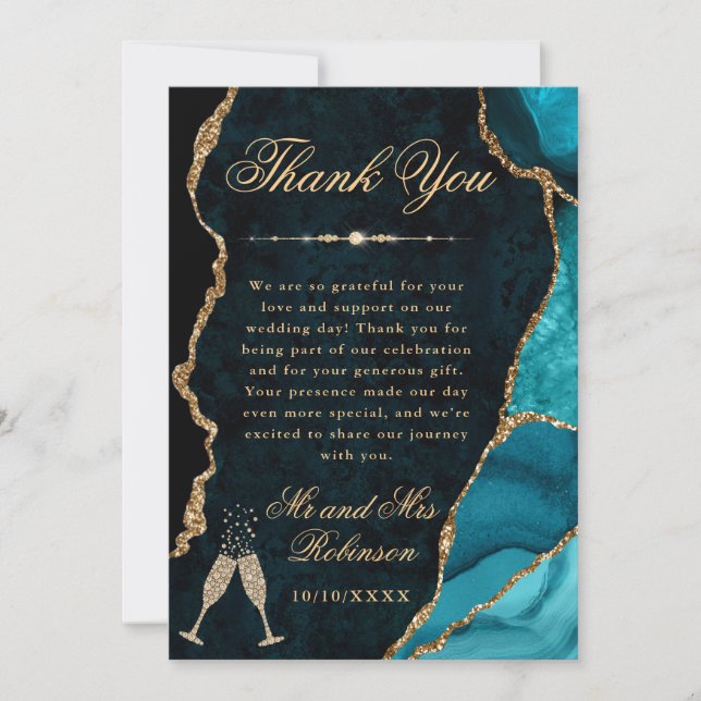 Carte De Remerciements Teal and Gold Glitter Agate & Marble Wedding (Devant)