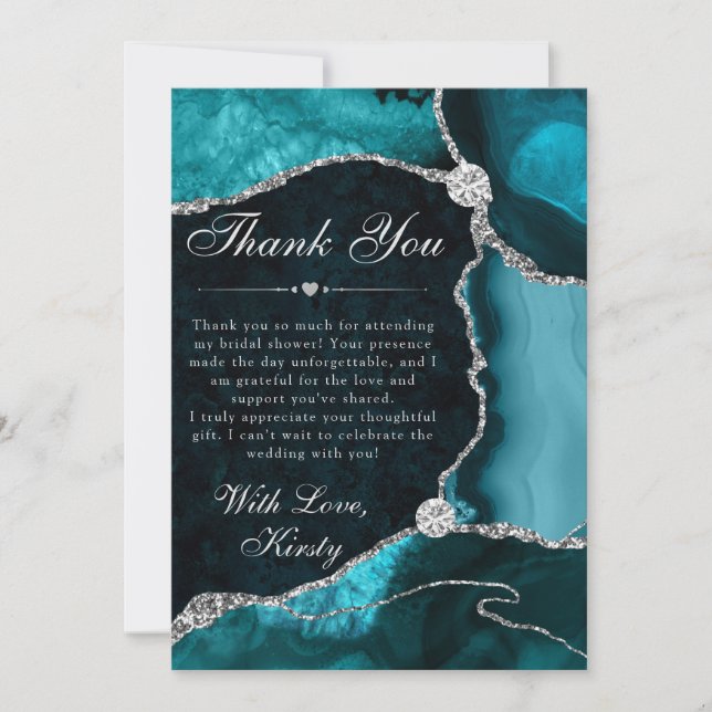 Carte De Remerciements Teal and Silver Faux Glitter Agate Bridal Shower (Devant)
