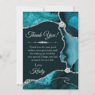Carte De Remerciements Teal et Argent Paillettes Anniversaire Agate