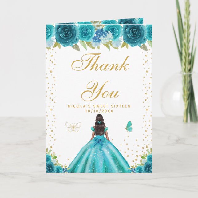 Carte De Remerciements Teal Floral Dark Skin Girl Sweet Sixteen (Devant)