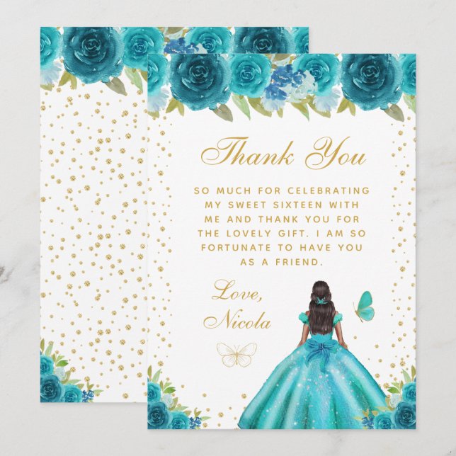 Carte De Remerciements Teal Floral Dark Skin Princess Sweet Sixteen (Devant / Derrière)