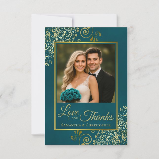 Carte De Remerciements Teal & Gold Love & Thanks Photo & Note Wedding (Devant)