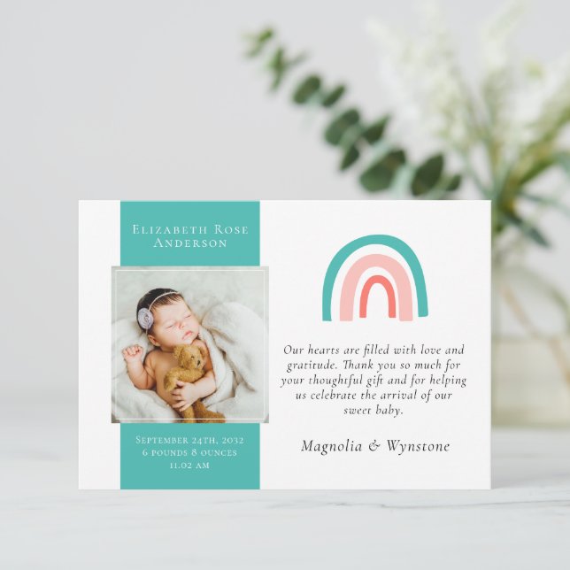 Carte De Remerciements Teal Rainbow Photo New Baby  (Debout devant)
