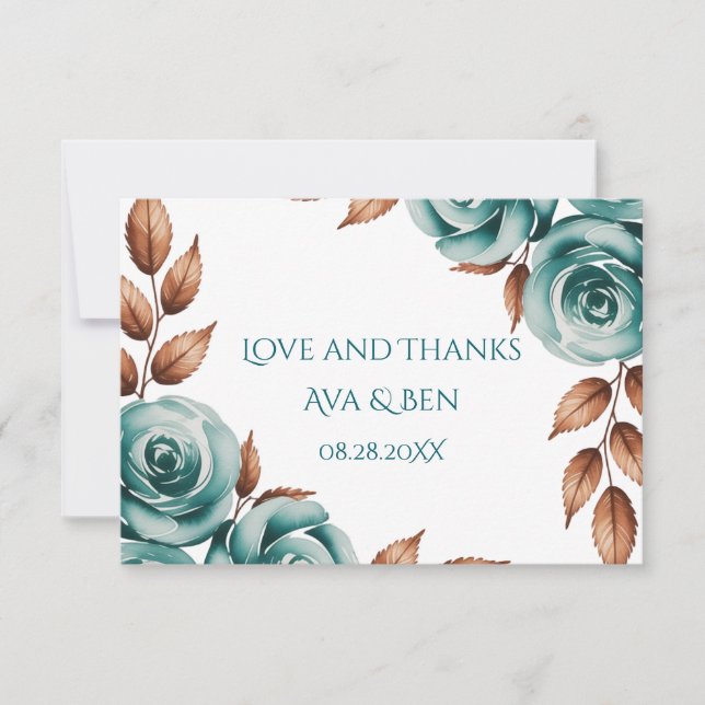 Carte De Remerciements Teal Roses and Bronze Leaves Wedding (Devant)