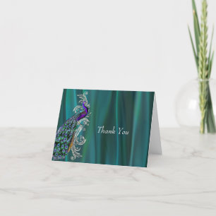 Carte De Remerciements Teal Satin Look with Peacock Wedding Thank You