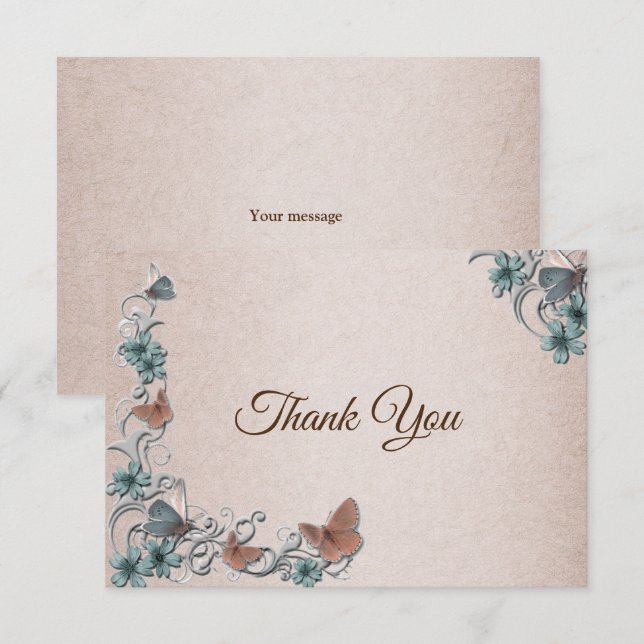Carte De Remerciements Teal Silver Floral Copper Butterfly Tan Wedding (Devant / Derrière)