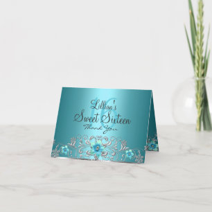 Carte De Remerciements Teal Silver Floral Swirl Sweet 16