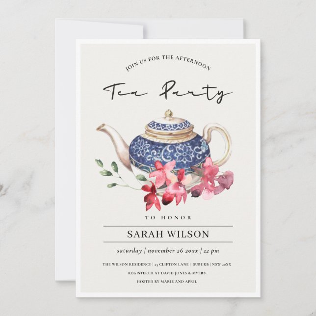 Carte De Remerciements Teapot bleu rouge Floral après-midi Tea Party Invi (Devant)