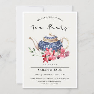 Carte De Remerciements Teapot bleu rouge Floral après-midi Tea Party Invi