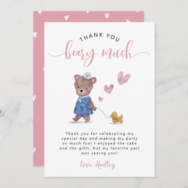 Carte De Remerciements Teddy Bear Anniversaire fête rose (Devant / Derrière)
