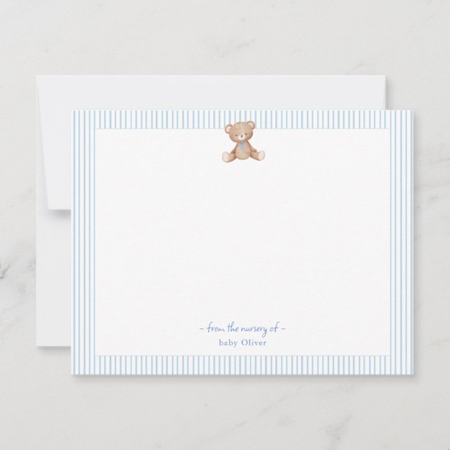 Carte De Remerciements Teddy Bear Baby Boy Bordure bleue et blanche (Devant)
