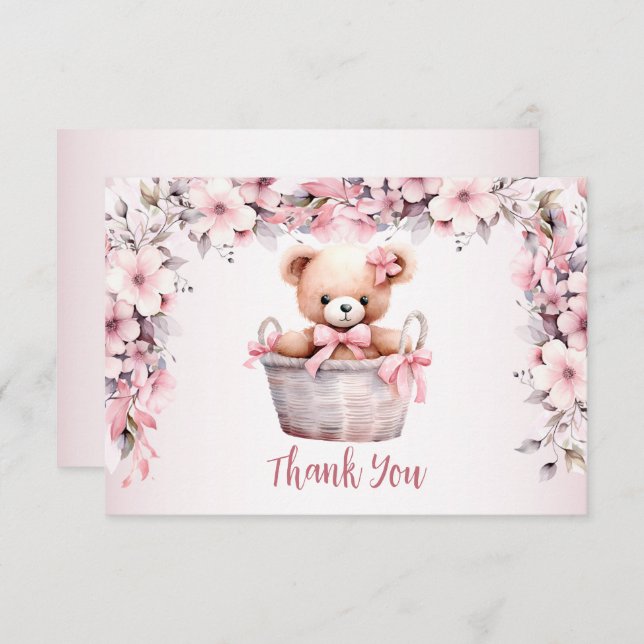 Carte De Remerciements Teddy Bear Baby Girl Fleurs roses Soirée Élégante (Devant / Derrière)