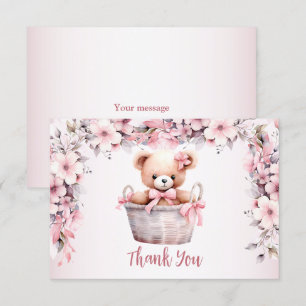 Carte De Remerciements Teddy Bear Baby Girl Fleurs roses Soirée Élégante