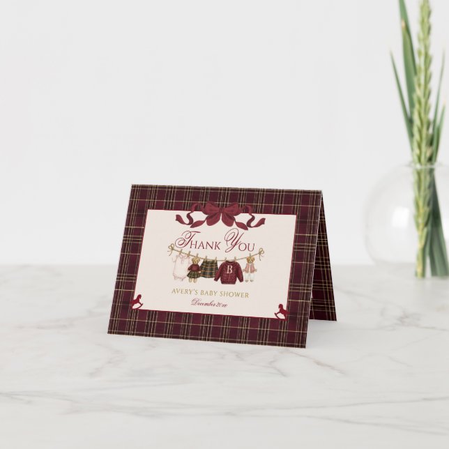 Carte De Remerciements Teddy Bear Baby Shower Girl Plaid Burgundy Bow  (Devant)
