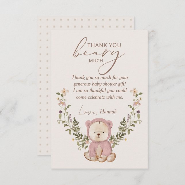 Carte De Remerciements Teddy Bear Baby shower Rose Girl (Devant / Derrière)