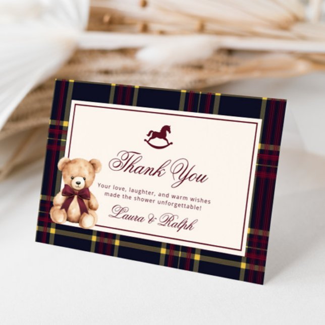 Carte De Remerciements Teddy Bear Classic Bourgogne Baby shower Plaid (Créateur téléchargé)