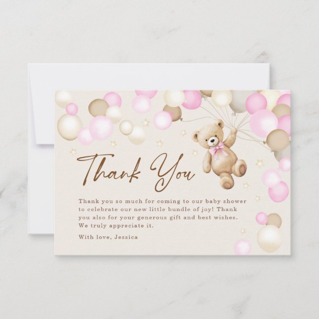 Carte De Remerciements Teddy Bear Girl Baby Shower (Devant)