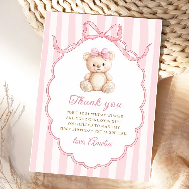 Carte De Remerciements Teddy Bear Girls Pink Bow Stripes 1st Birthday (Créateur téléchargé)