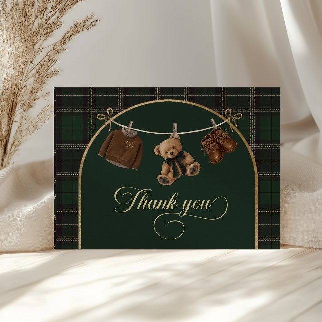 Carte De Remerciements Teddy Bear Green Tartan Baby Shower  (teddy bear baby shower, green tartan baby shower, baby shower thank you card, baby shower printable,)