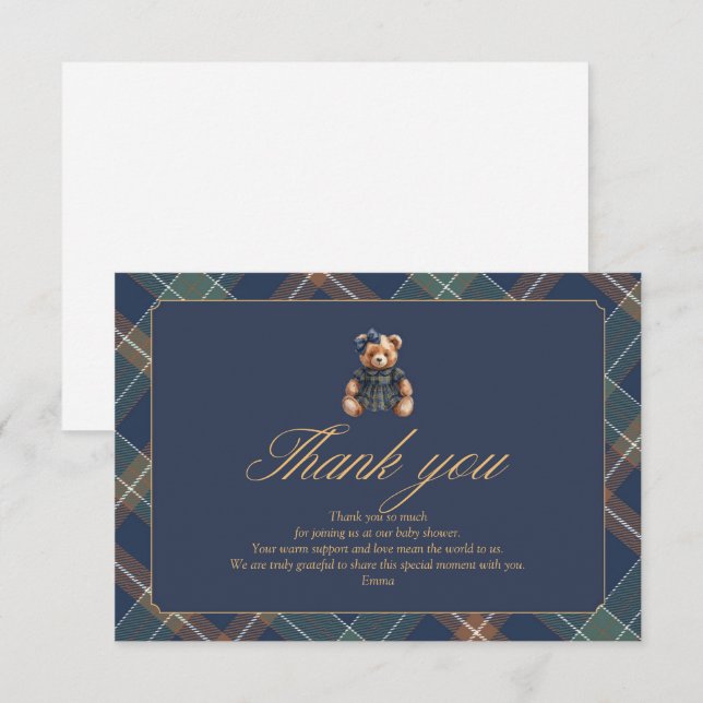 Carte De Remerciements Teddy Bear Plaid Girl Baby Shower Thank You Card (Devant / Derrière)