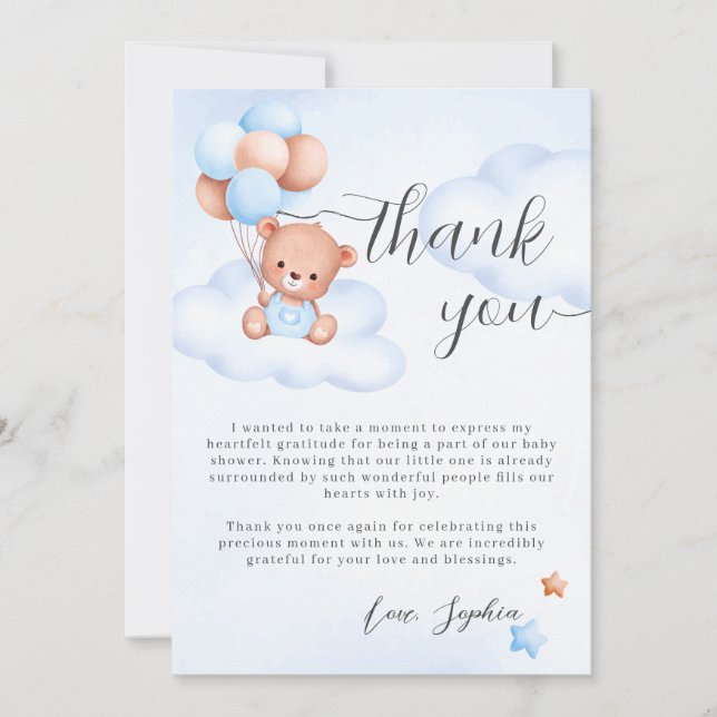 Carte De Remerciements Teddy Bear Watercolor Baby shower garçon (Devant)