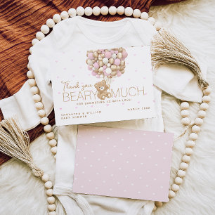 Carte De Remerciements Teddy Ours Rose Coeur & Balloon Baby Girl Douche