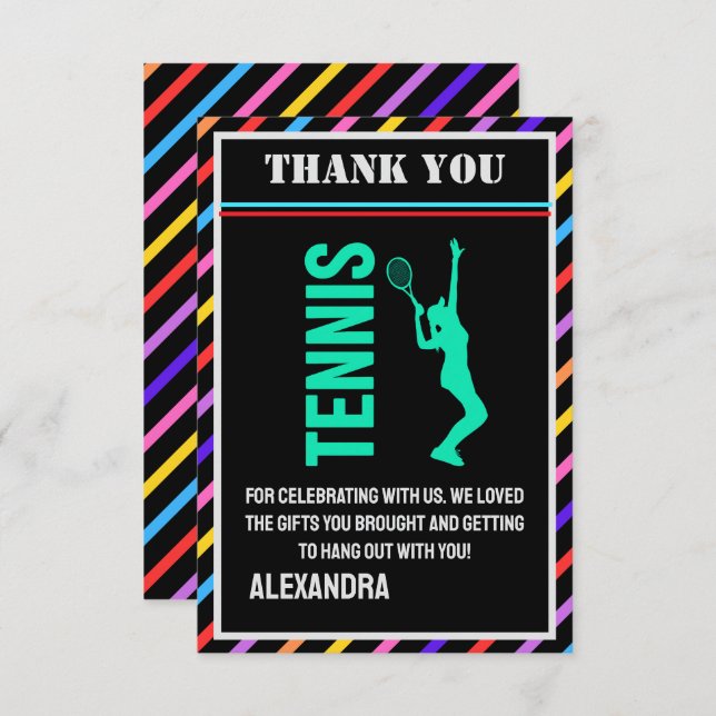 Carte De Remerciements Tennis Birthday Party, Tennis Girl Player  (Devant / Derrière)