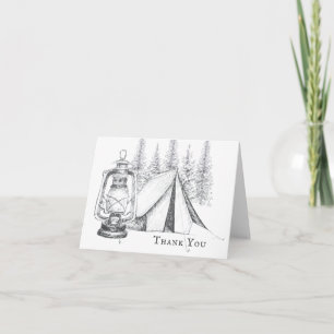 Carte De Remerciements Tente, lanterne et bois croquis Mariage de camping