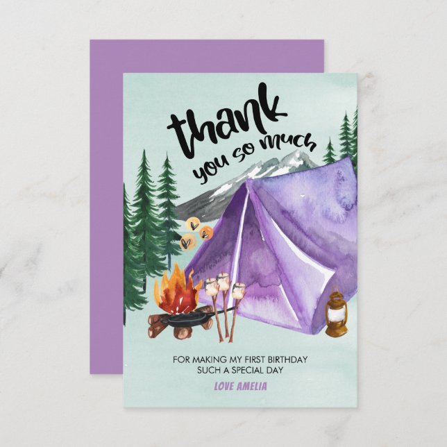 Carte De Remerciements Tente violette pour l'anniversaire des filles Happ (Devant / Derrière)