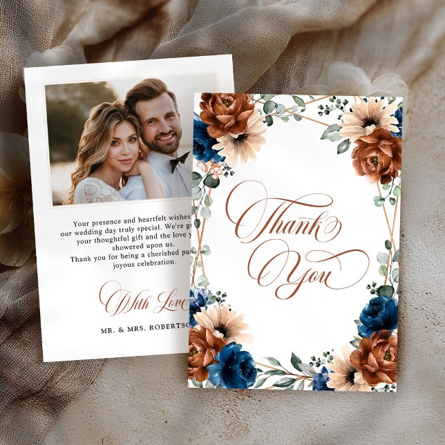Carte De Remerciements Terracotta Marine Blue Green Mariage photo (Terracotta Navy Blue Greenery Photo Wedding Thank You Card)