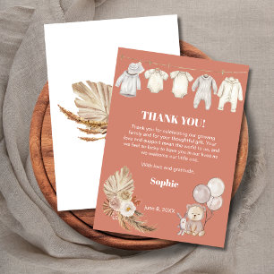 Carte De Remerciements Terracotta Pampas Boho mignonne Baby shower Ours