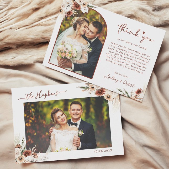 Carte De Remerciements Terracotta Pampas Grass Floral Arch Wedding Photo (Créateur téléchargé)