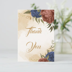Carte De Remerciements terre cuite bleu marine fleuri mariage