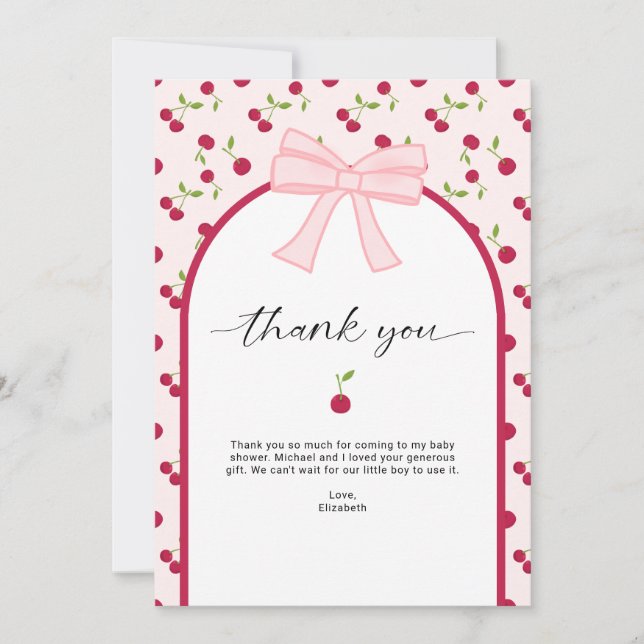 Carte De Remerciements Thank you Cherry on Top Baby Shower Coquette Pink (Devant)