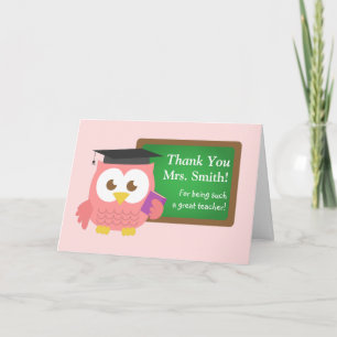 Carte De Remerciements Thank you, Teacher Appreciation Day, Cute Pink Owl