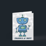 Carte De Remerciements Thanks Fête du Robot bleu<br><div class="desc">Robot themed thank you notes for kids feobjets a cute futuristic robot waving blue and green with gray mechanical gears in the background.  "Thanks a 'bot" texte can be personalized.</div>