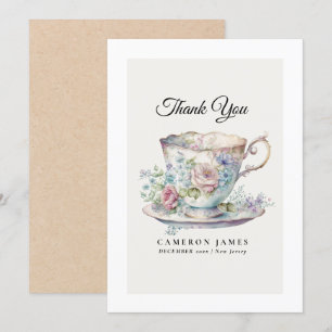Carte De Remerciements Thé à la rose de la fête dans une tasse à thé flor